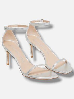 Stuart Weitzman Women's Silver Nudistcurve 75 Leather Sandals Shoes Size 6B